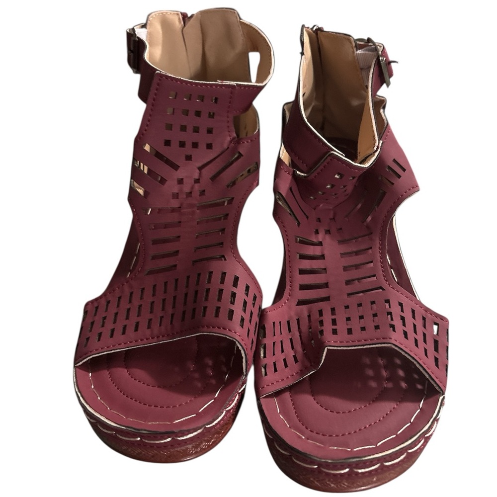 Cutout Ankle-Strap Block Heel Sandals - Burgundy